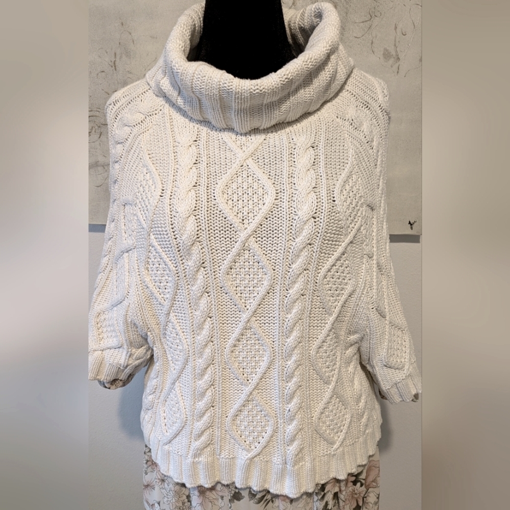 Gap Ivory Cable Knit cotton Cowl Neck cropped Poncho blouse, size L Preppy